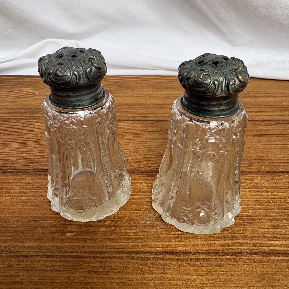 Antique Cut Glass Salt & Pepper Shaker Set Sterling Silver Scroll Flower Tops
